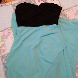 Low High Strapless Turquoise and black Dress